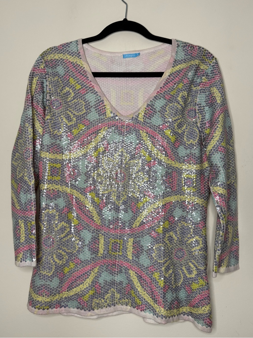 J MCLAUGHLIN Corali Sequin Geometric Floral Print Vneck Sweater Top